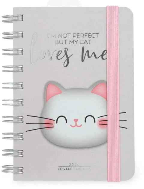 Legami - Small Spiral Daily Diary, 12 Months, from January 2024 to December 2024, Folding Planner 2024/2025, Elastic Closure, Final Pocket, Address Book, 8.5x13 cm, Kitty Theme